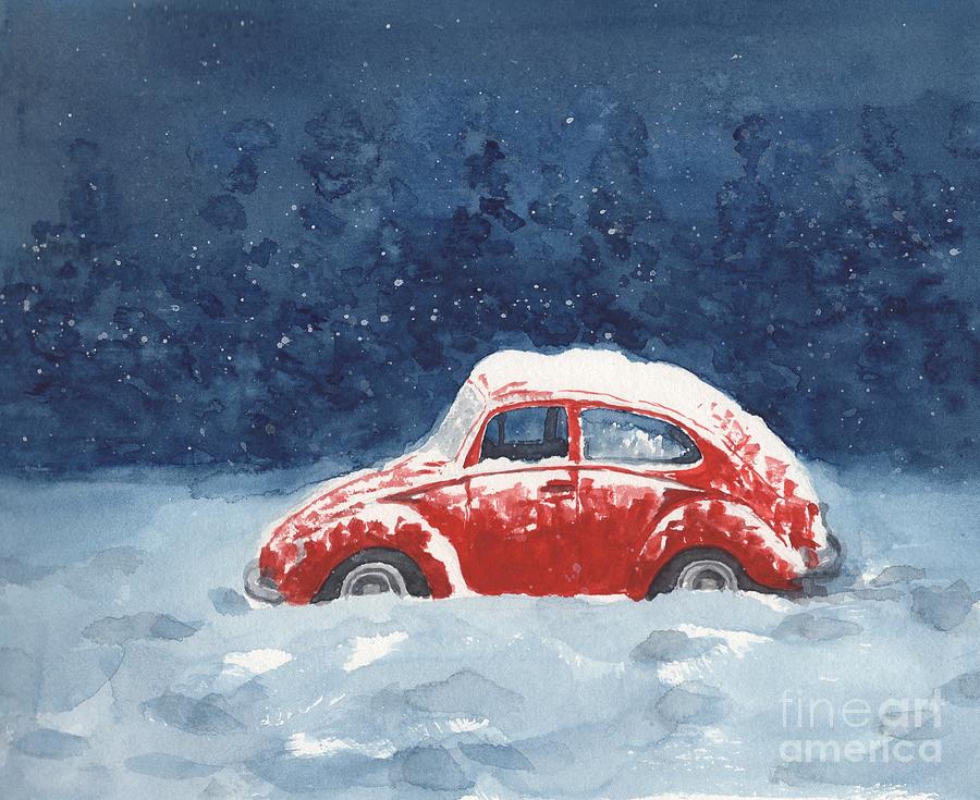 Red VDub in the Snow Painting by Vicki B Littell