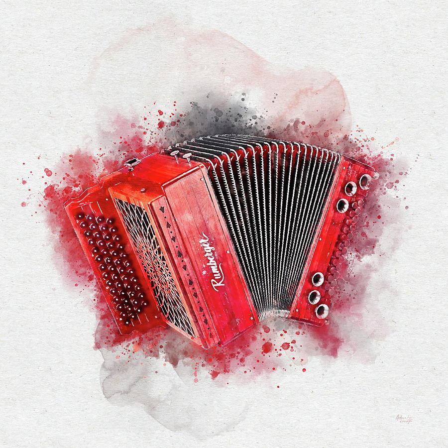 Red Vintage Accordion Watercolor Painting Digital Art by Andreea Eva Herczegh