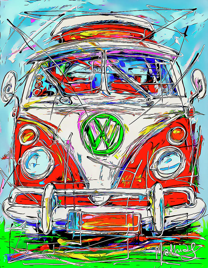 Red VW camper Digital Art by Mathias - Fine Art America