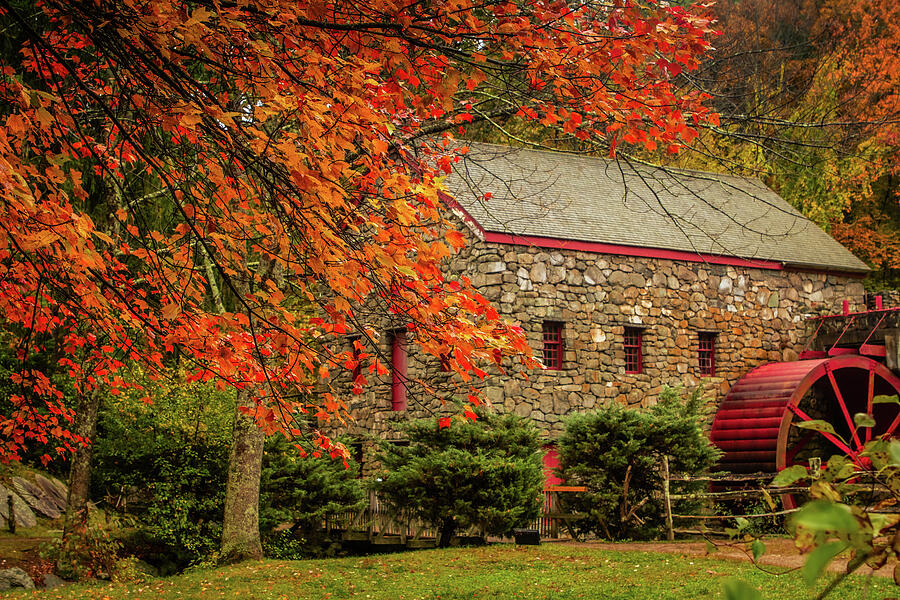 Red Waterwheel and Stonework Amid Fall Colors at Sudbury Grist M Photograph by Jeff Folger Red Waterwheel and Stonework Amid Fall Colors at Sudbury Grist M Photograph by Jeff Folger