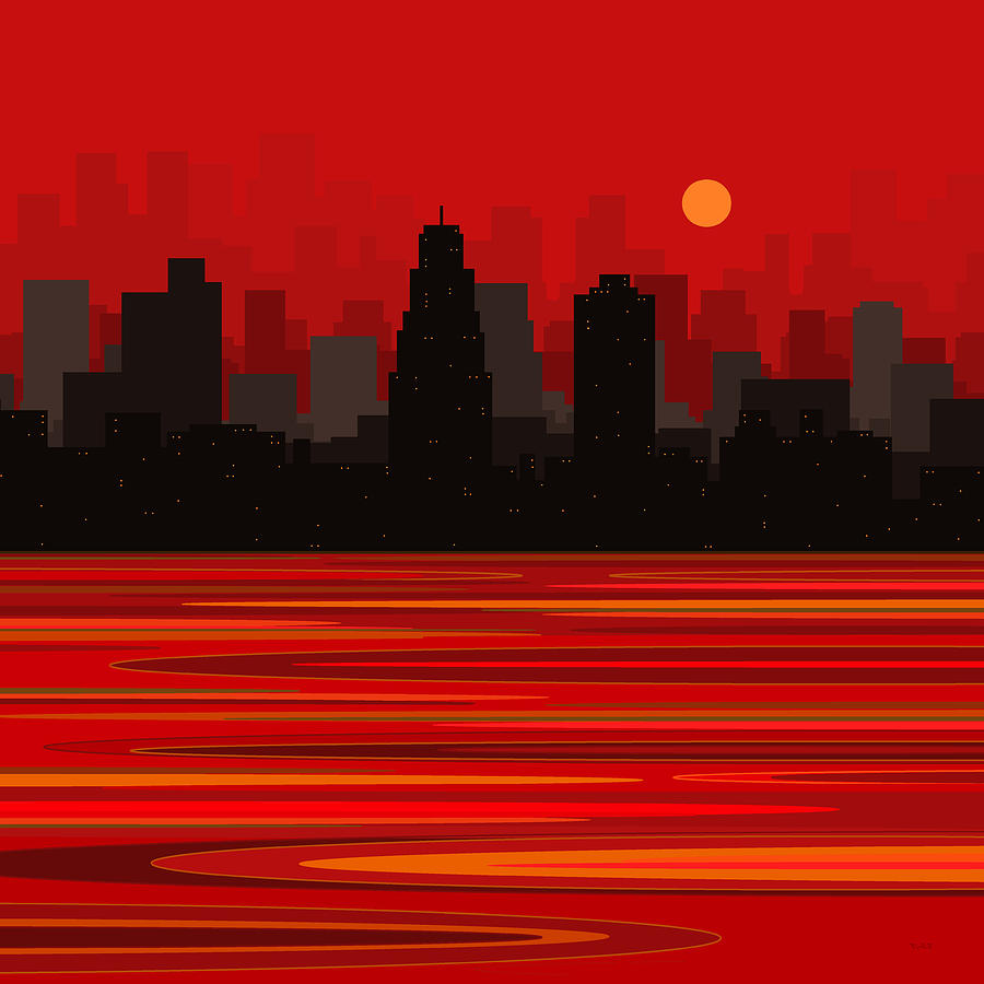 Red Whimsical City Skyline Digital Art by Val Arie