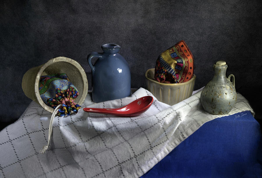 Still Life Photograph - Pottery Still Life in Red, White and Blue by Betty Denise