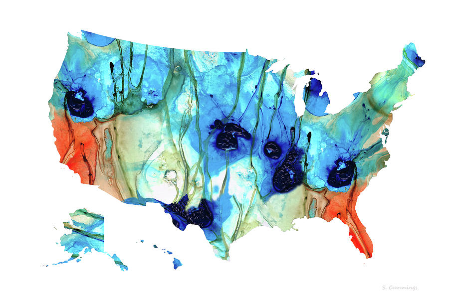 Red White And Blue - United States of America Map 30 - Sharon Cummings Painting by Sharon Cummings