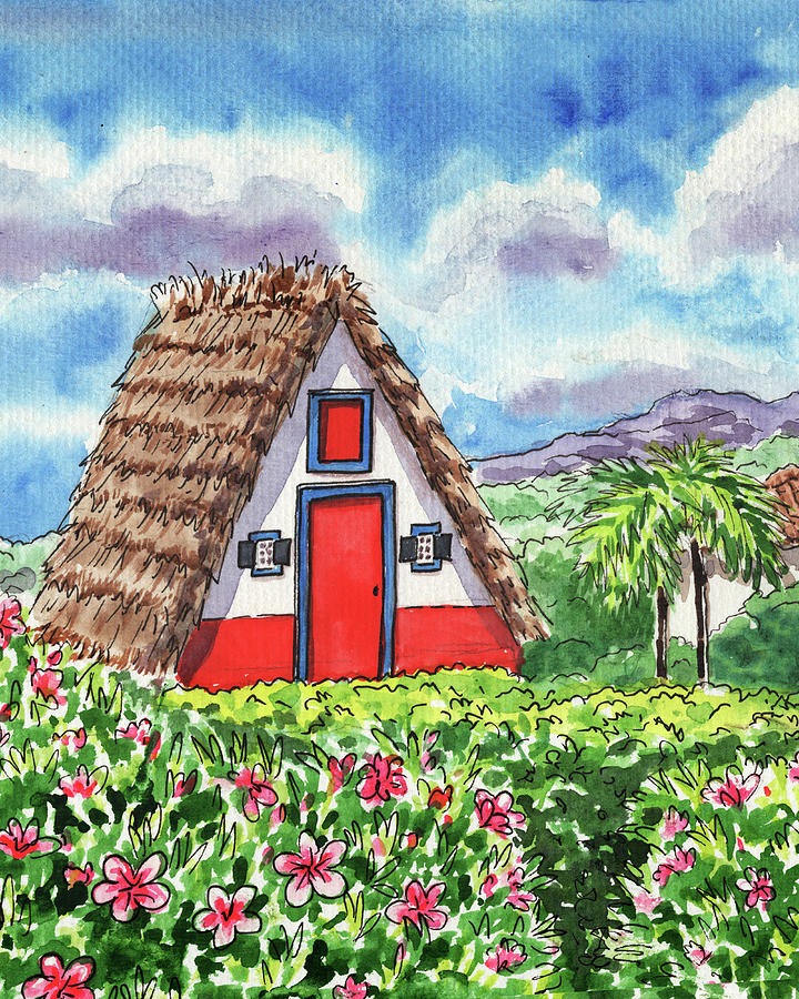 Red White Blue House Of Santana Village Portugal Watercolor Painting by Irina Sztukowski