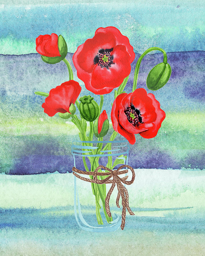 Red Wildflower Poppies In Jar On Teal Blue Watercolor Painting