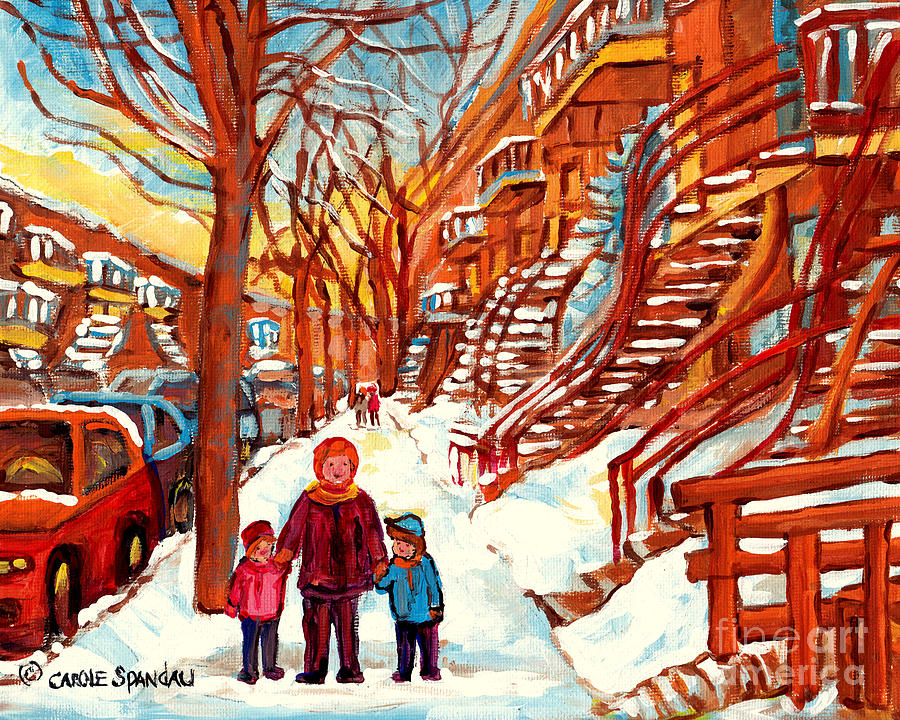 Red Winding Staircases Best Winter Scene Painting Verdun To Plateau Montreal Canadian Art C Spandau Painting by Carole Spandau