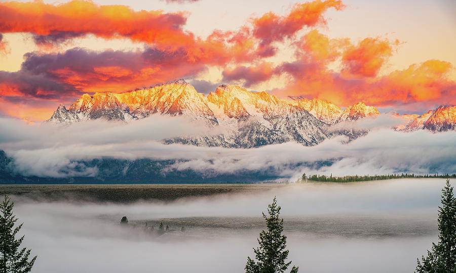 Red Winter Sunrise at Grand Teton National Park Photograph by Rose and Charles Cox