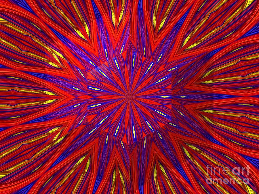 Red Yellow and Blue Exploding Abstract Fractal Kaleidoscope Mandala Digital Art by Rose Santuci-Sofranko
