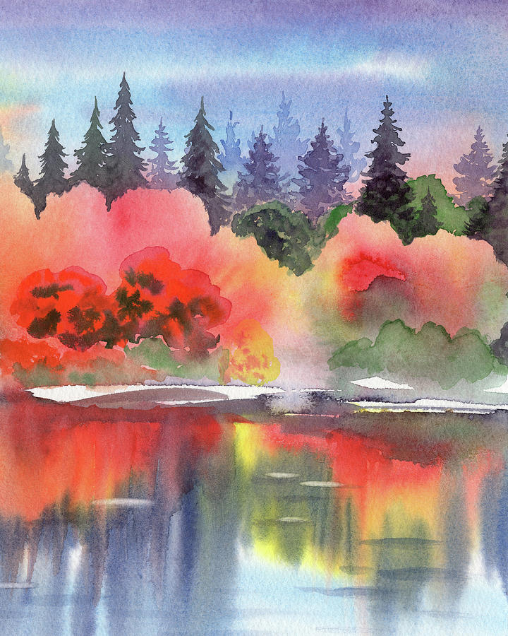 Red Yellow Maple Trees With Pine Forest At River Painting by Irina Sztukowski