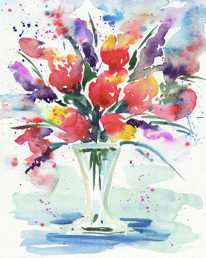 Red Yellow Purple Abstract Watercolor Flowers In The Glass Vase  Painting by Irina Sztukowski