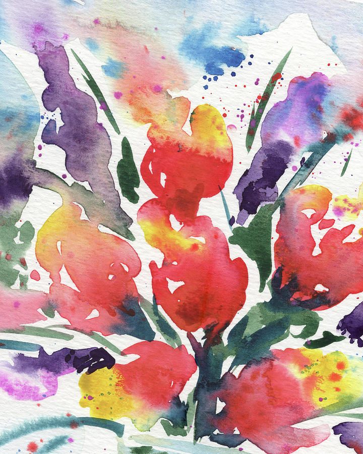 Red Yellow Purple Abstract Watercolor Flowers On A Sunny Happy Day  Painting by Irina Sztukowski