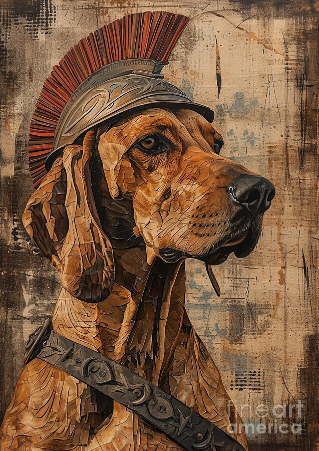 Dog Painting - Redbone Coonhound - garbed as a Roman wilderness tracker, keen and determined by Adrien Efren