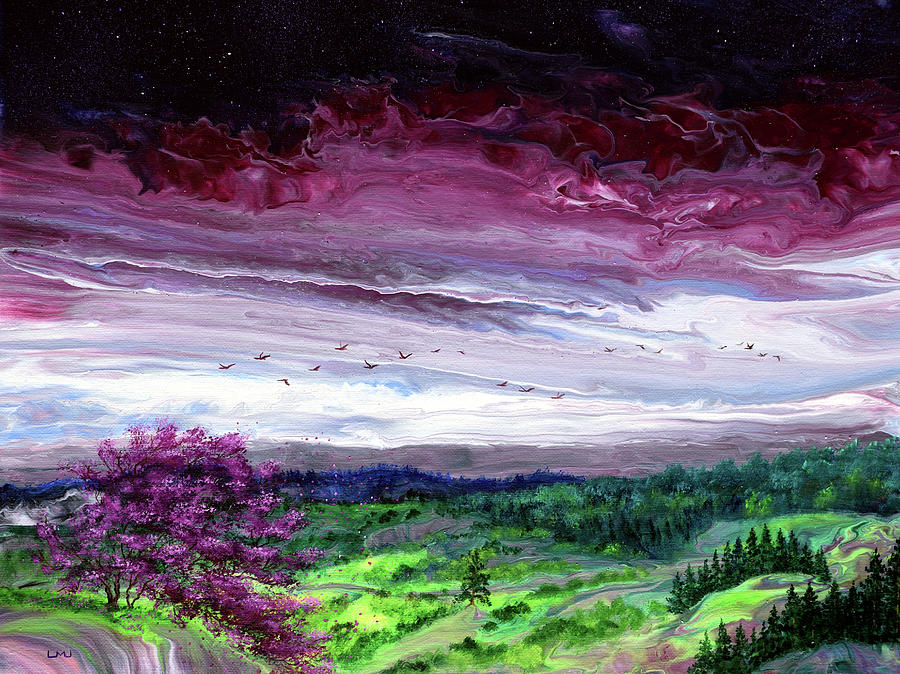 Redbud Tree Over a Twilight Vista Painting by Laura Iverson