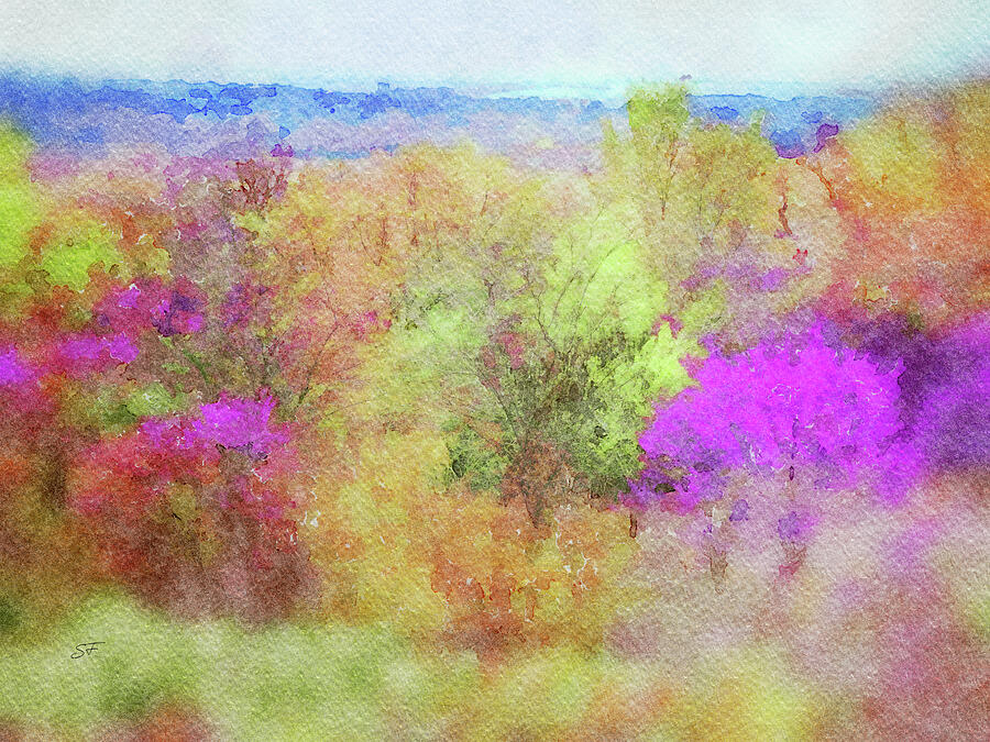 Redbuds in Springtime Watercolor Landscape  Digital Art by Shelli Fitzpatrick