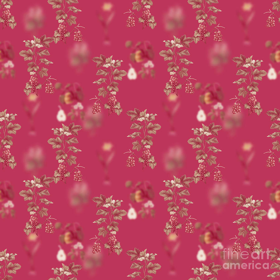 Vintage Mixed Media - Redcurrant Plant Botanical Seamless Pattern in Viva Magenta n.0894 by Holy Rock Design