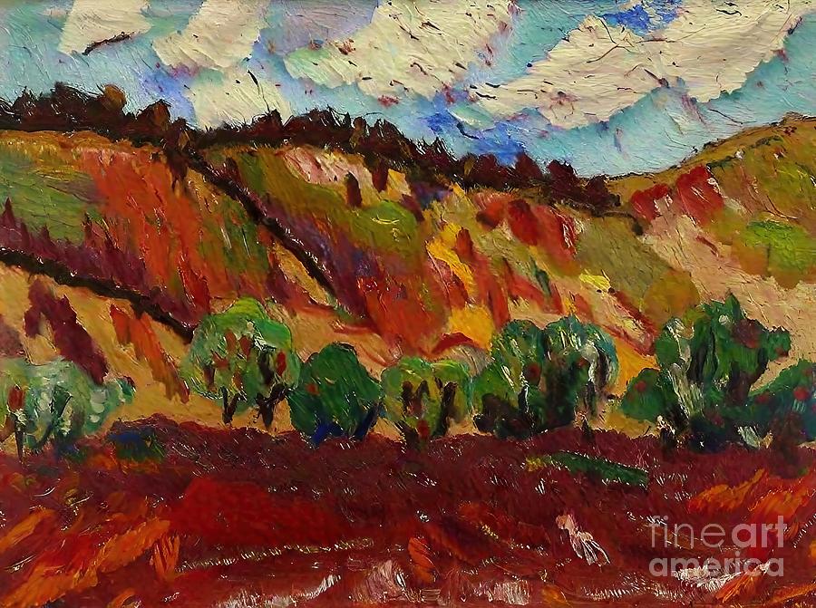 Fall Painting - Reddish mountains and oaks Painting painting textures loose strokes canvas expressionism hardboard landscape oils autumn beautiful color colorful drawing fall foliage forest gouache green handmade by N Akkash