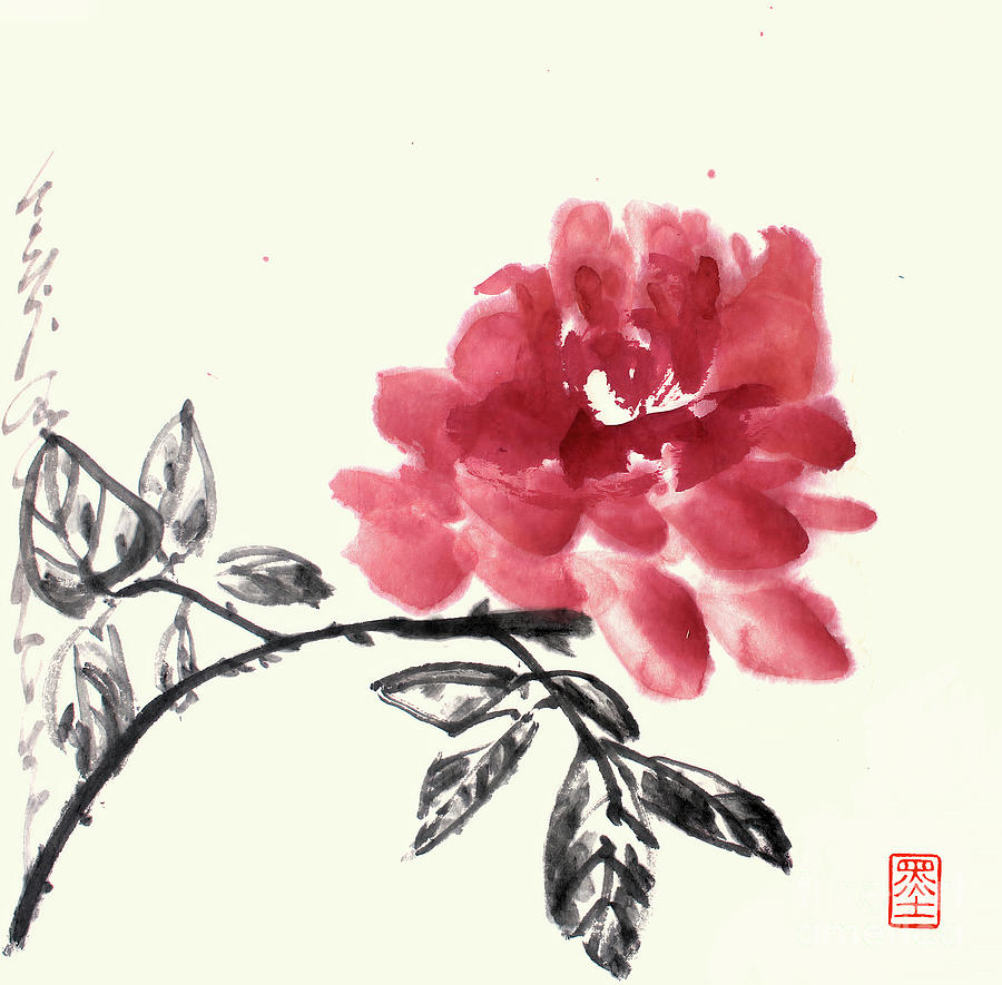 Reddish Pink Rose in Spring, Sumi-e Watercolor Painting Painting by Nadja Van Ghelue