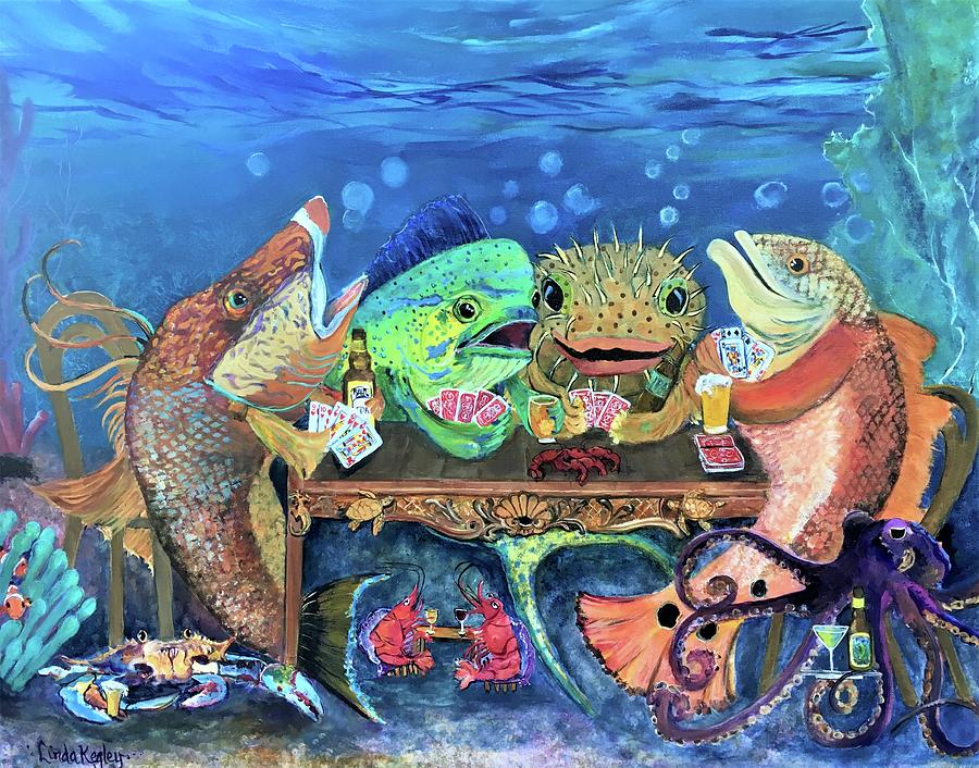 Redfish Poker Time at the Reef Bar Painting by Linda Kegley