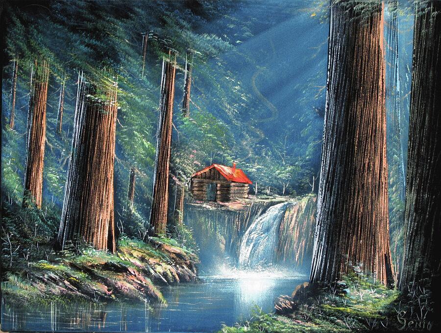 Cabin Painting - Redwood Sequoioideae forest scene by Genio