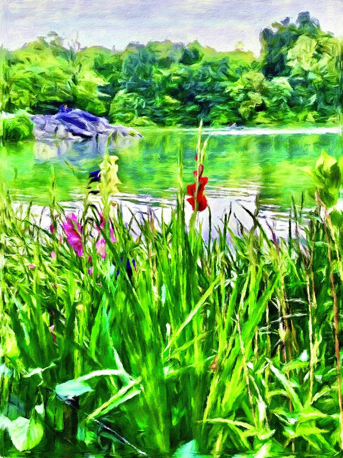 Flower Digital Art - Reeds and Flowers by the Pond by Pamela Storch