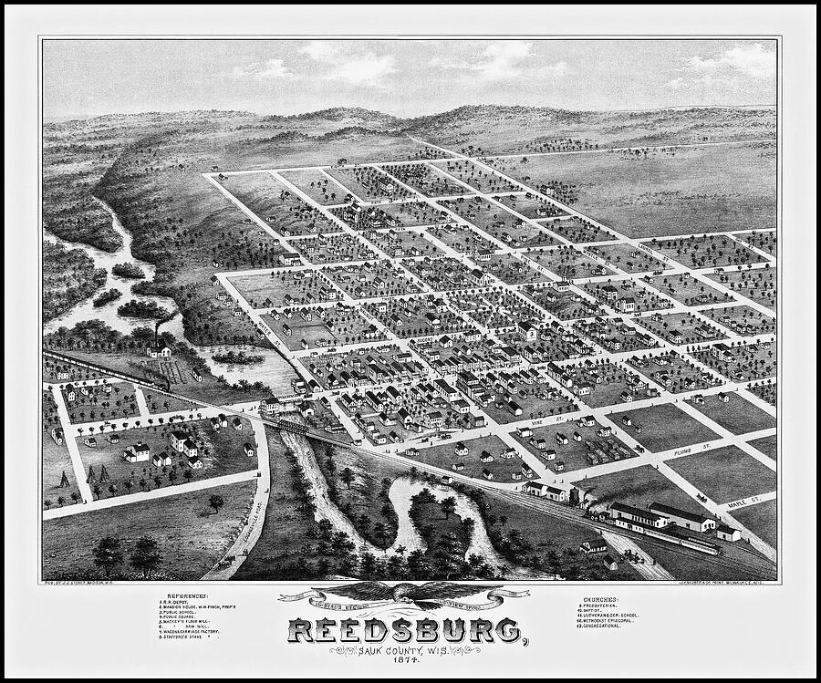 Reedsburg Wisconsin Vintage Map Birds Eye View 1874 Black and White ...