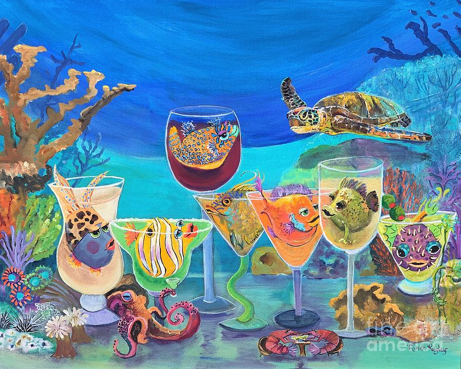 Reef Bar Happy Hour - Late Arrival Painting by Linda Kegley