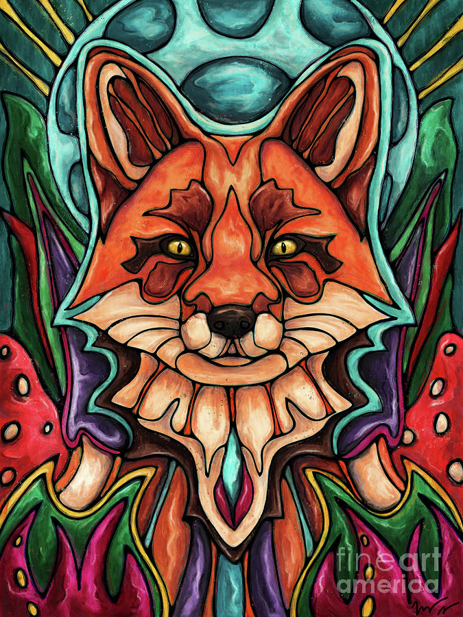 Ref fox in abstract woodlands landscape, magical kitsune and moon Painting by Nadia CHEVREL