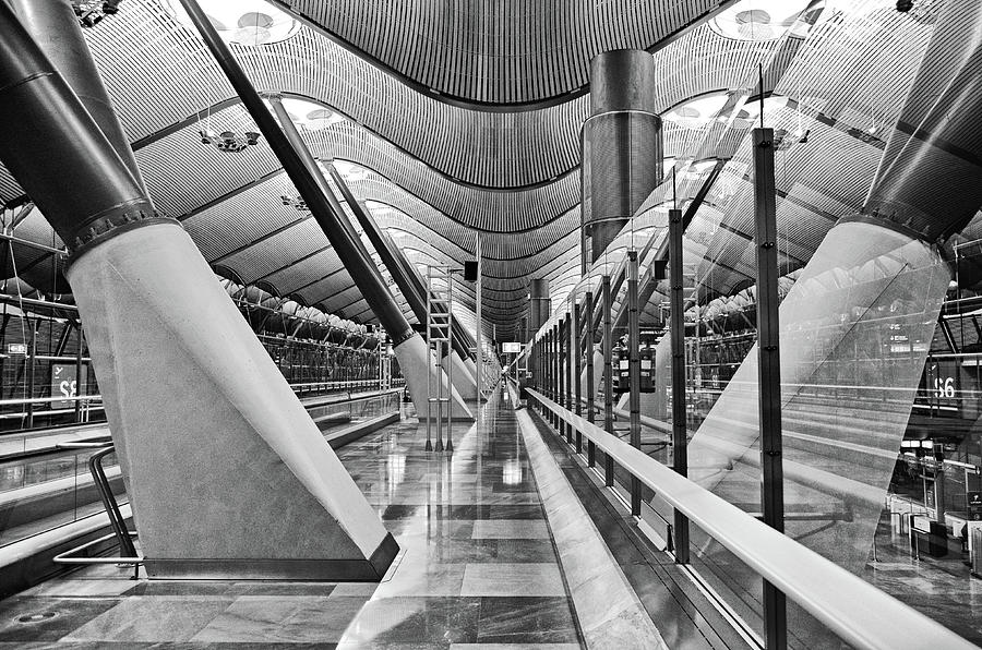 Reflected Symmetry Madrid Barajas Adolfo Suarez Airport Spain Black and White Photograph by Shawn OBrien