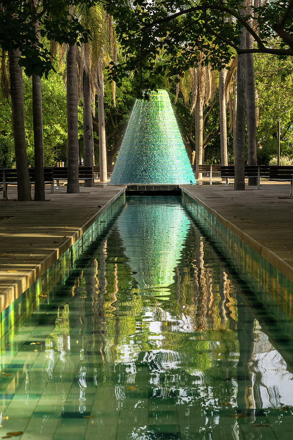 Reflecting Pool and Cool Conical Fountain in Parque das Nacoes Lisbon Portugal Photograph by Georgia Mizuleva