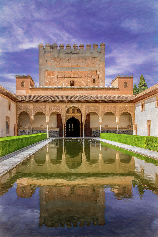 Reflecting Pool of the Alhambra, Painterly Photograph by Marcy Wielfaert