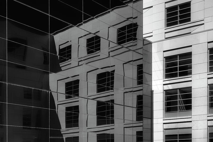 Reflection - Howard L Hawks Hall - UNL - Black and White Photograph by Nikolyn McDonald