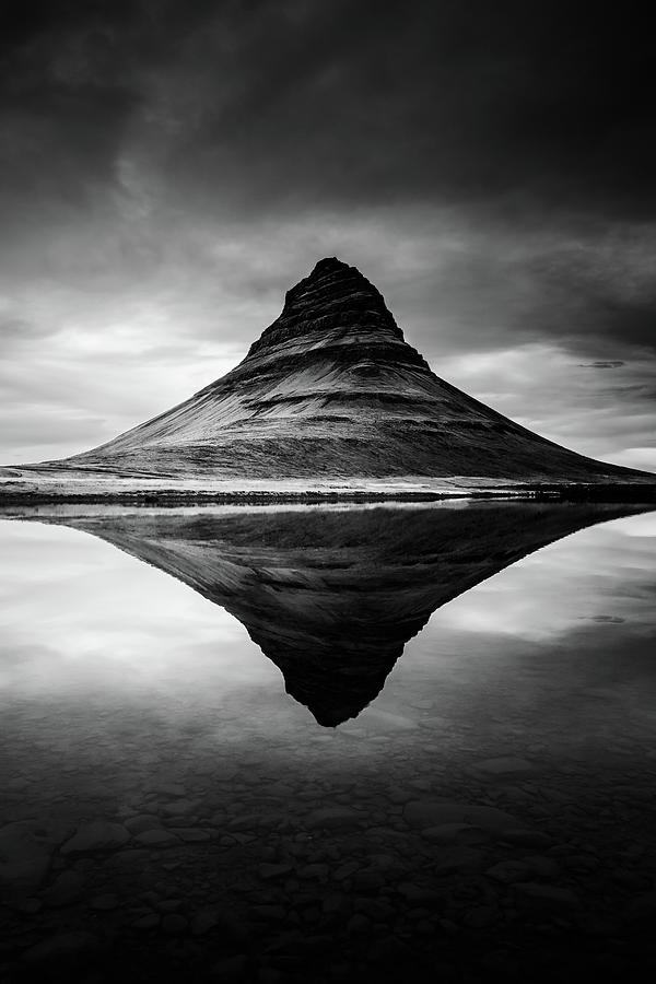 Reflection of Kirkjufell Mountain in Iceland in Black and White Photograph by Alexios Ntounas