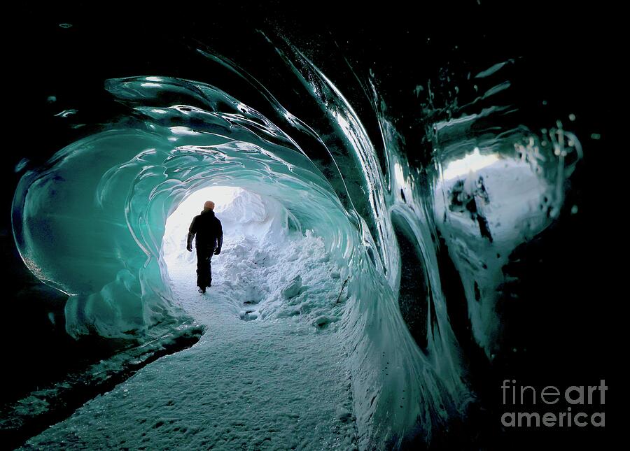 Reflection of Man in Ice Cave, Kotlujokull glacier, Katla, Iceland ...