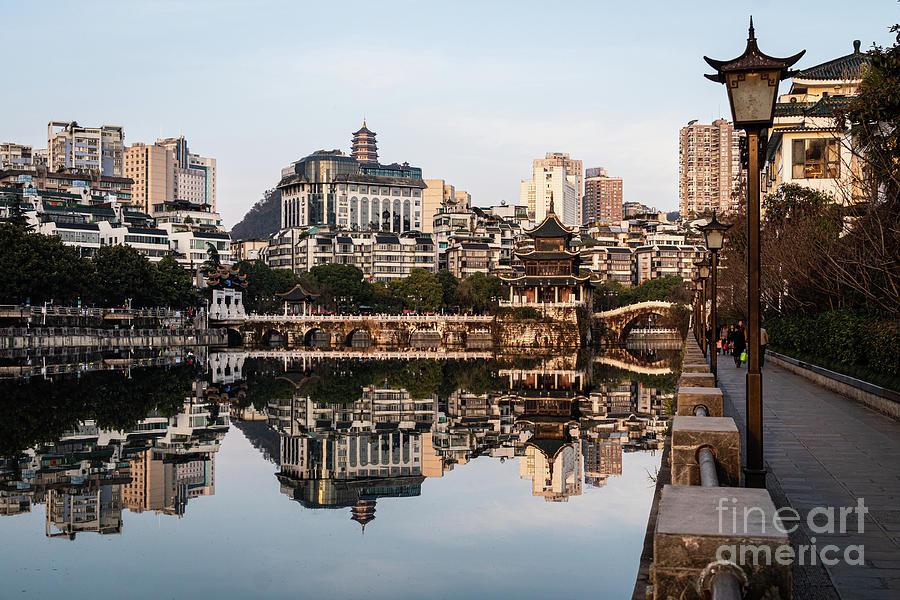 Reflection of the Fuyu bridge and Jiaxiu tower in Guiyang old to Photograph by Didier Marti