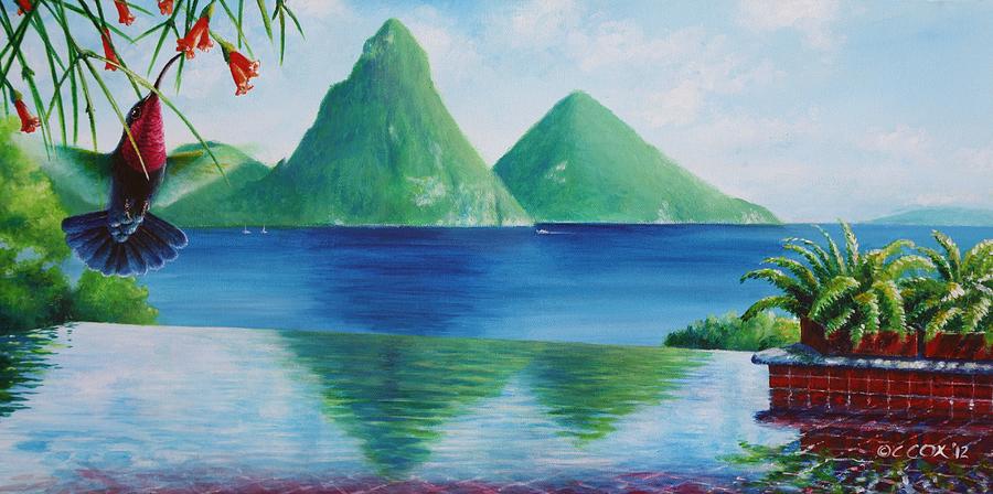 Reflections at Jade - Purple-throated Carib and coral plant Painting by Christopher Cox