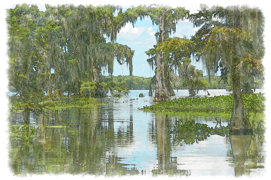 Reflections In A Louisiana Swamp, Watercolour Digital Art
