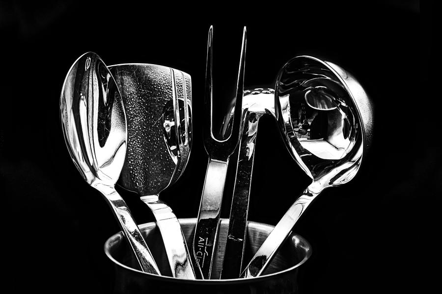 Black And White Photograph - Reflections in Cooking Tools by Stuart Litoff