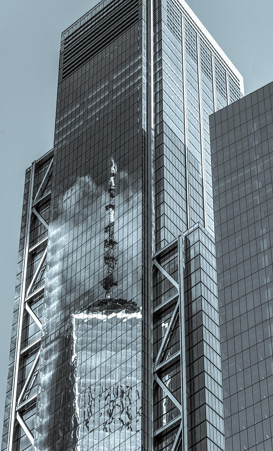 Reflections of Freedom Tower in World Trade Center 3, Monochrome Photograph by Marcy Wielfaert