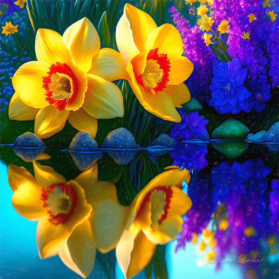 Daffodils Digital Art - Reflections of Giant Daffodils by Carol Lowbeer