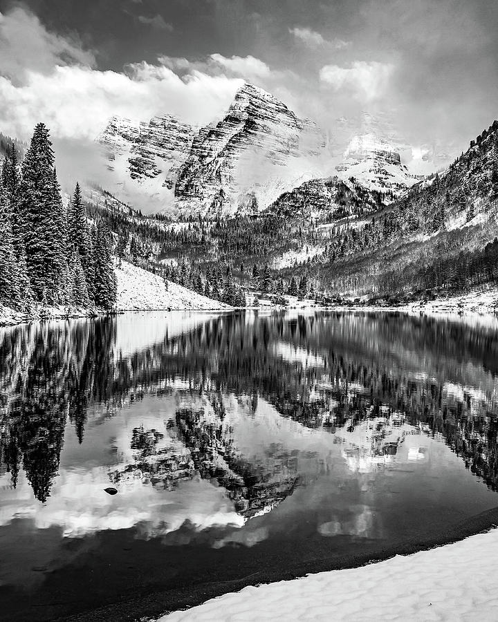 Reflections Of Maroon Bells Mountain Peaks - Aspen Black And White Photograph