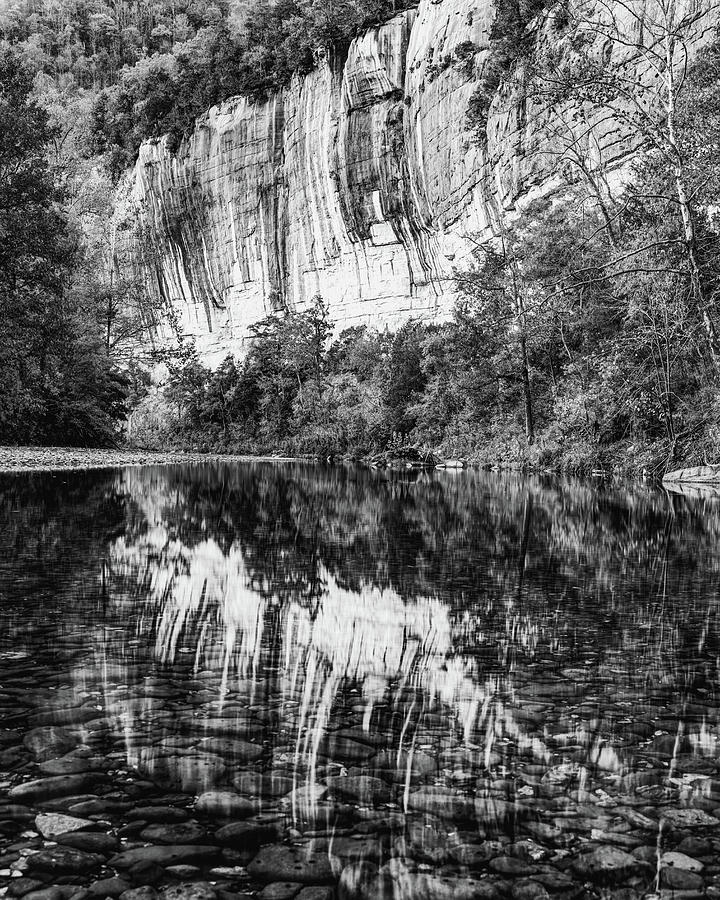 Black And White Photograph - Reflections Of Roark Bluff In The Buffalo River - Black and White by Gregory Ballos