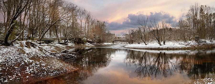 Reflections of the First Snow at the River Photograph by Debra and Dave Vanderlaan