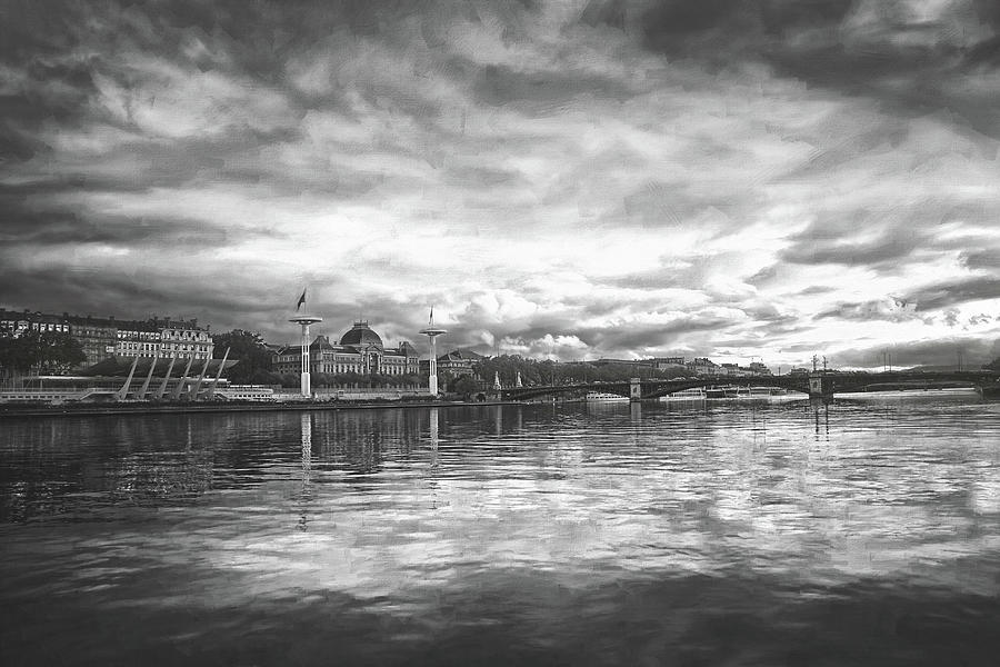 Reflections of the Rhone River Lyon France Black and White  Photograph by Carol Japp
