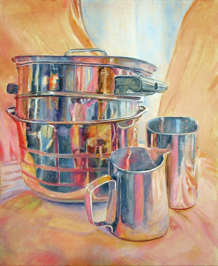 Reflections On Stainless Steel Pots Painting by Natalya Shvetsky