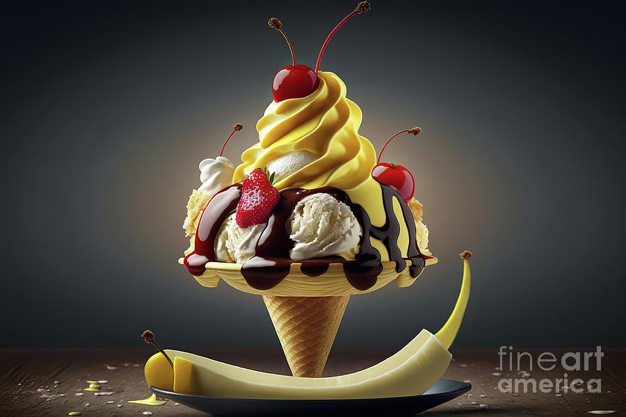 Refreshing and tasty ice cream in a cone with cream and fruits.  Photograph by Joaquin Corbalan