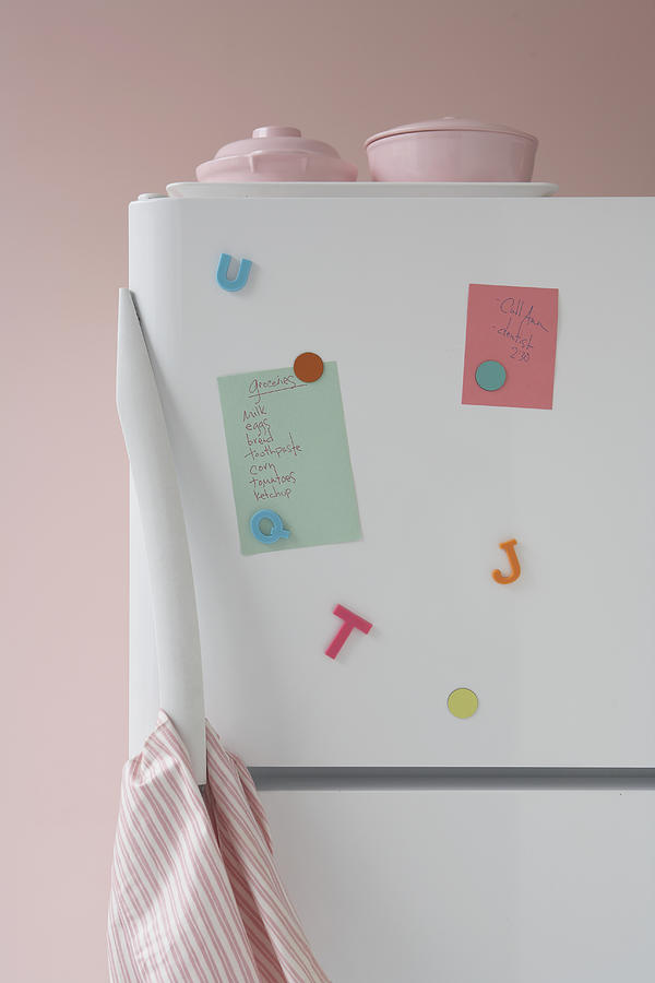 Refrigerator with attached notes and magnets, close-up Photograph by James Baigrie