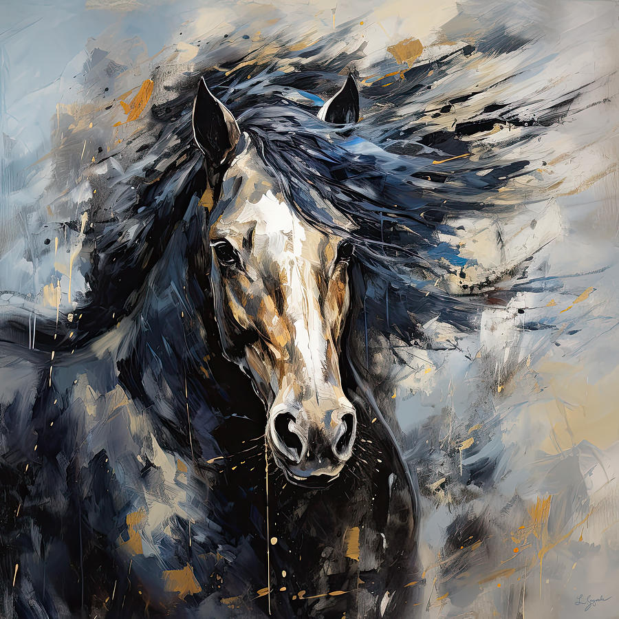 Regal Horse - Blue, Gray and Gold Art Painting by Lourry Legarde