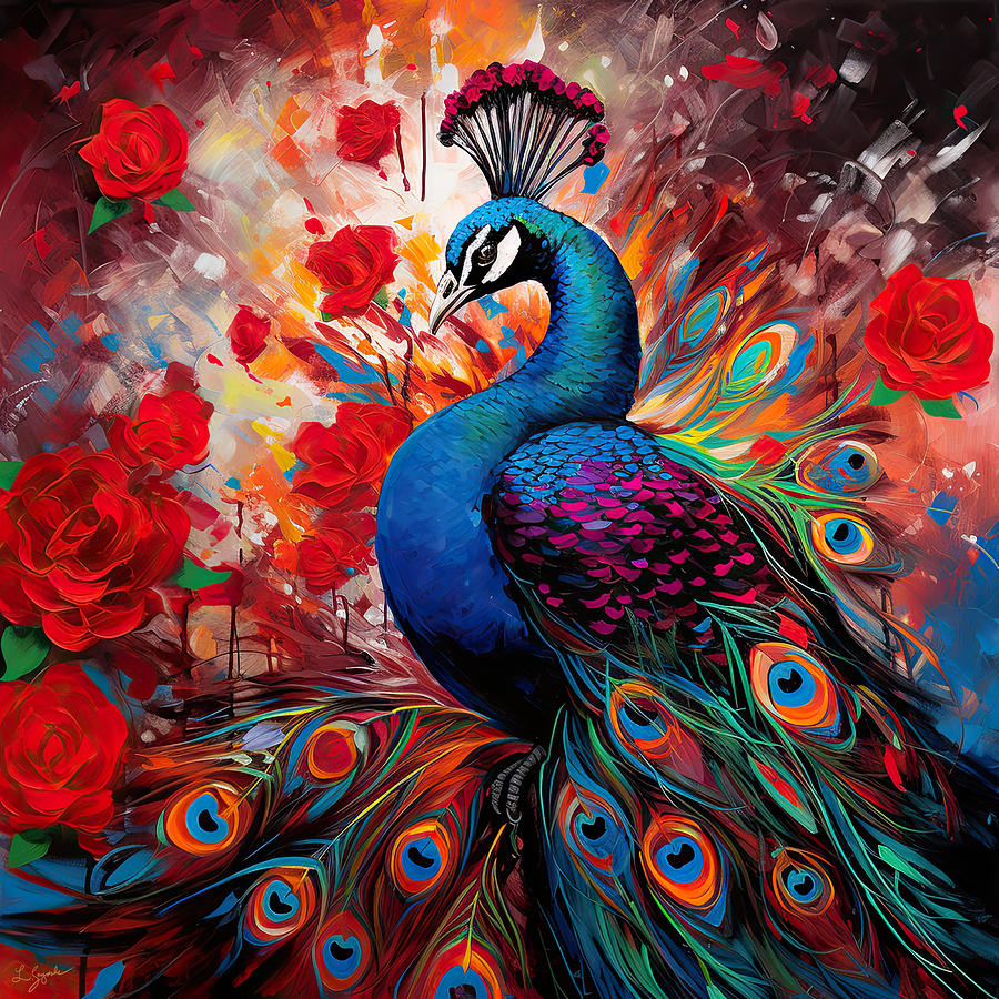 Turquoise And Red Painting - Regal Vibrancy- Peacock Paintings by Lourry Legarde