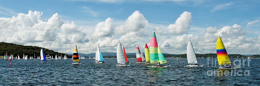 Regatta Panorama. Children Sailing small sailboats Catamarans wi Photograph by Geoff Childs