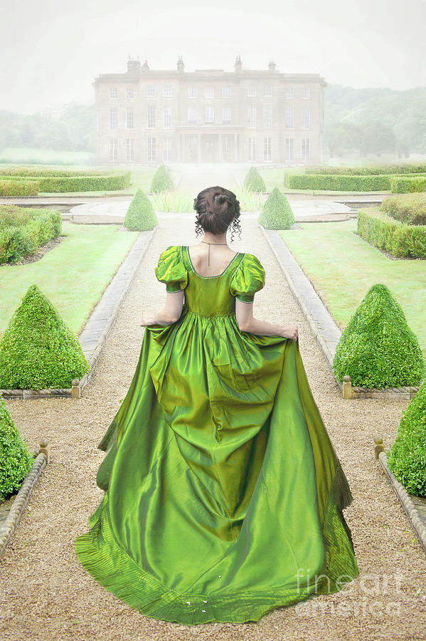 Regency Woman In Green Dress Walking Towards A Mansion Photograph by ...